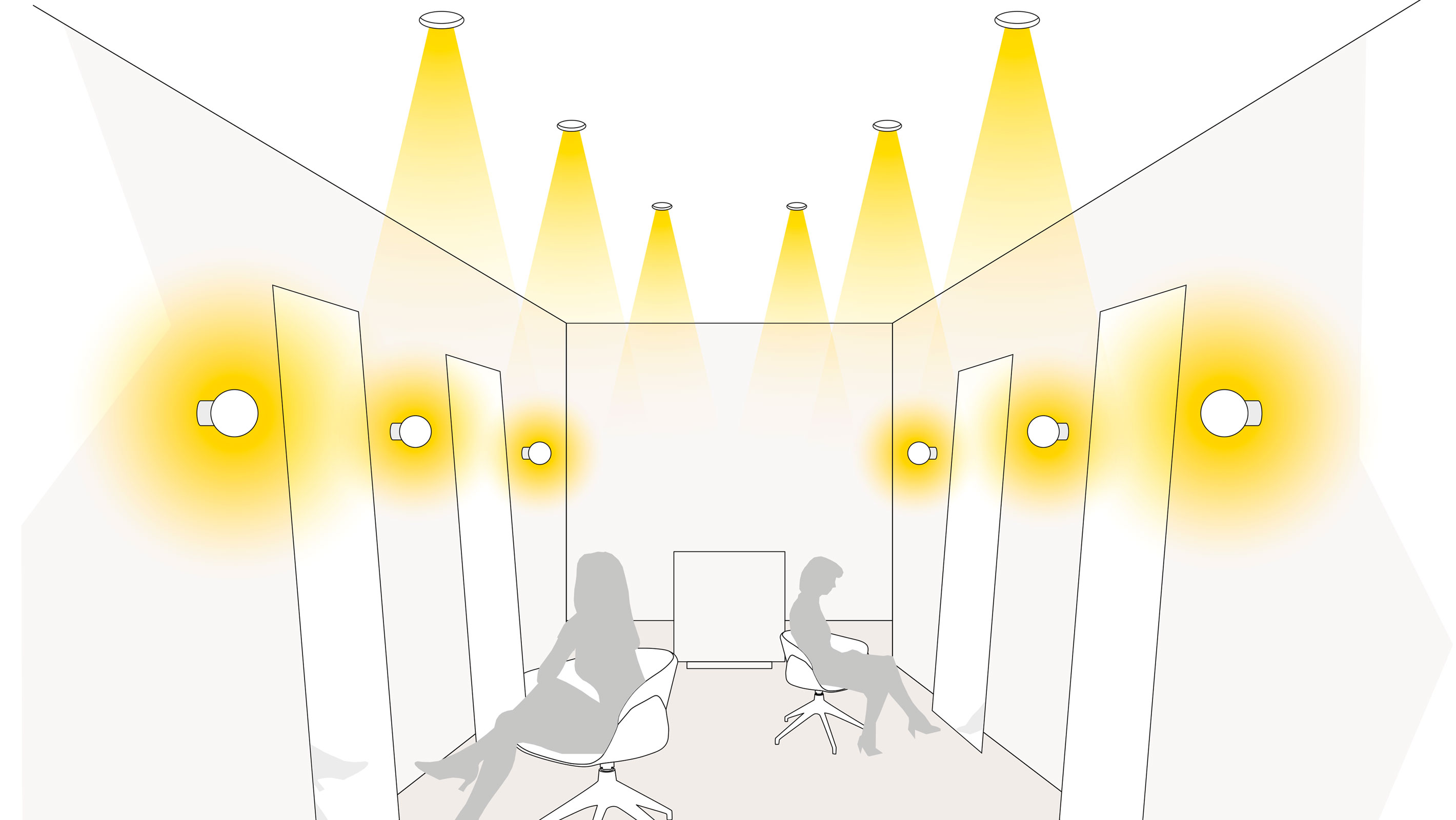 Illustration einer optimalen Lichtplanung im Shop mit Einbaustrahlern und Wandleuchten