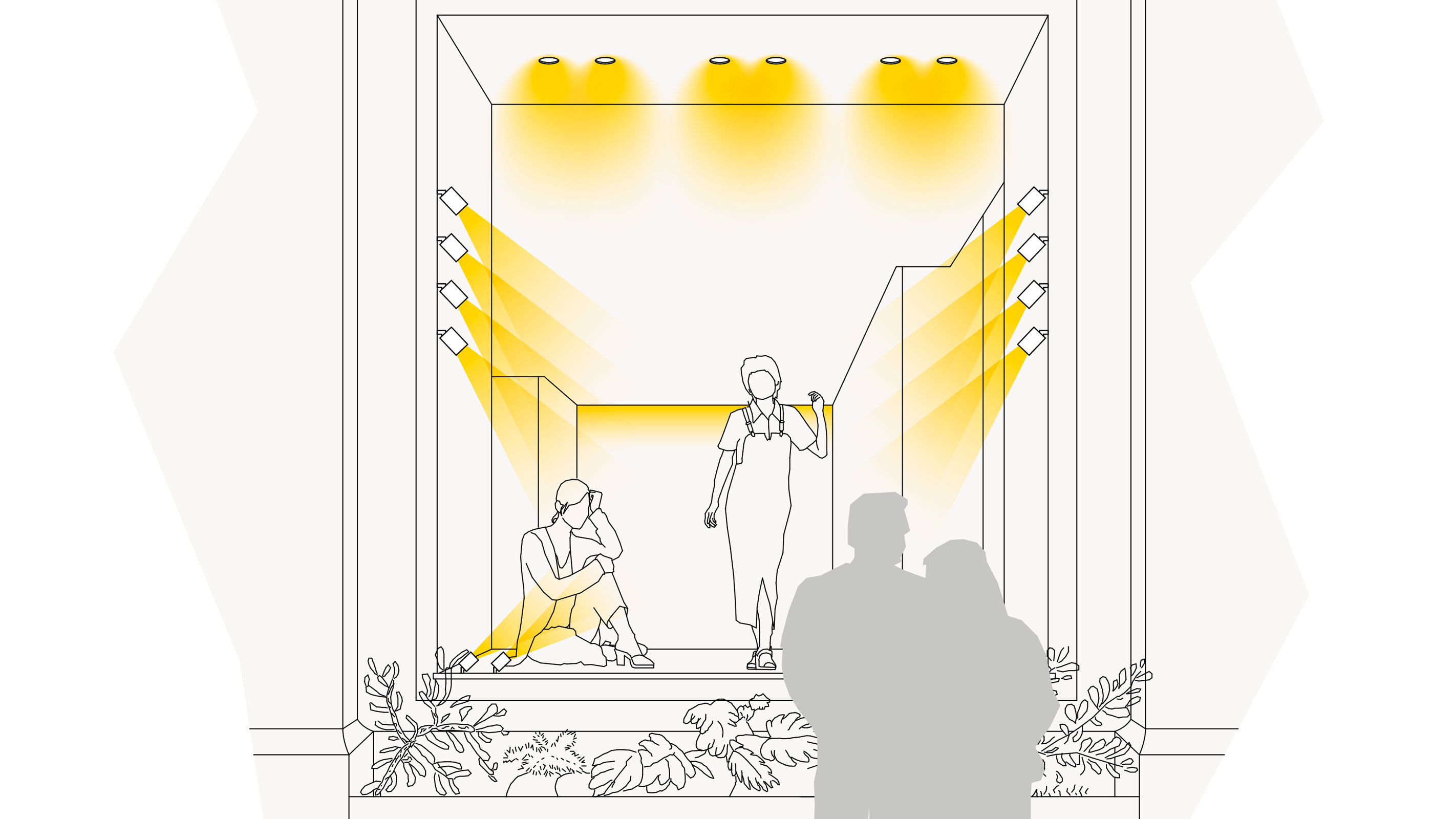 Illustration einer optimalen Lichtplanung im Shop mit Strahlern, Lichtvouten und Einbaustrahlern