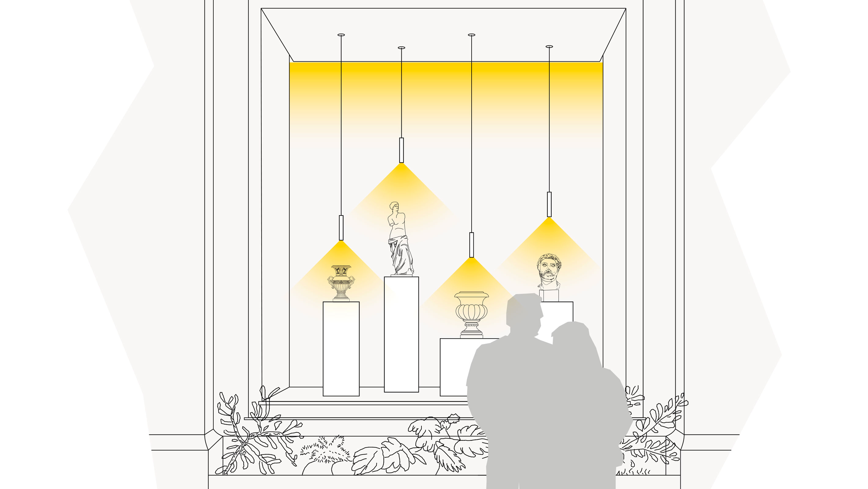 Illustration einer optimalen Lichtplanung im Shop mit Lichtvouten und Pendelleuchten