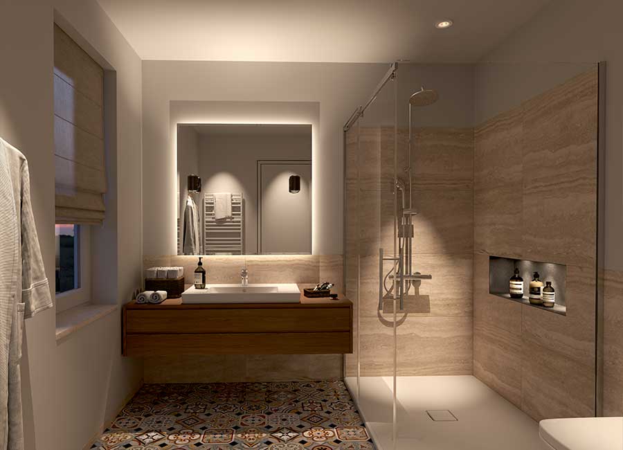Blick in ein kleines Badezimmer, auf der linken Seite Waschbecken und ein von hinten beleuchteter Spiegel, rechts eine ebenerdige Dusche. (Foto: Prediger Lichtberater)