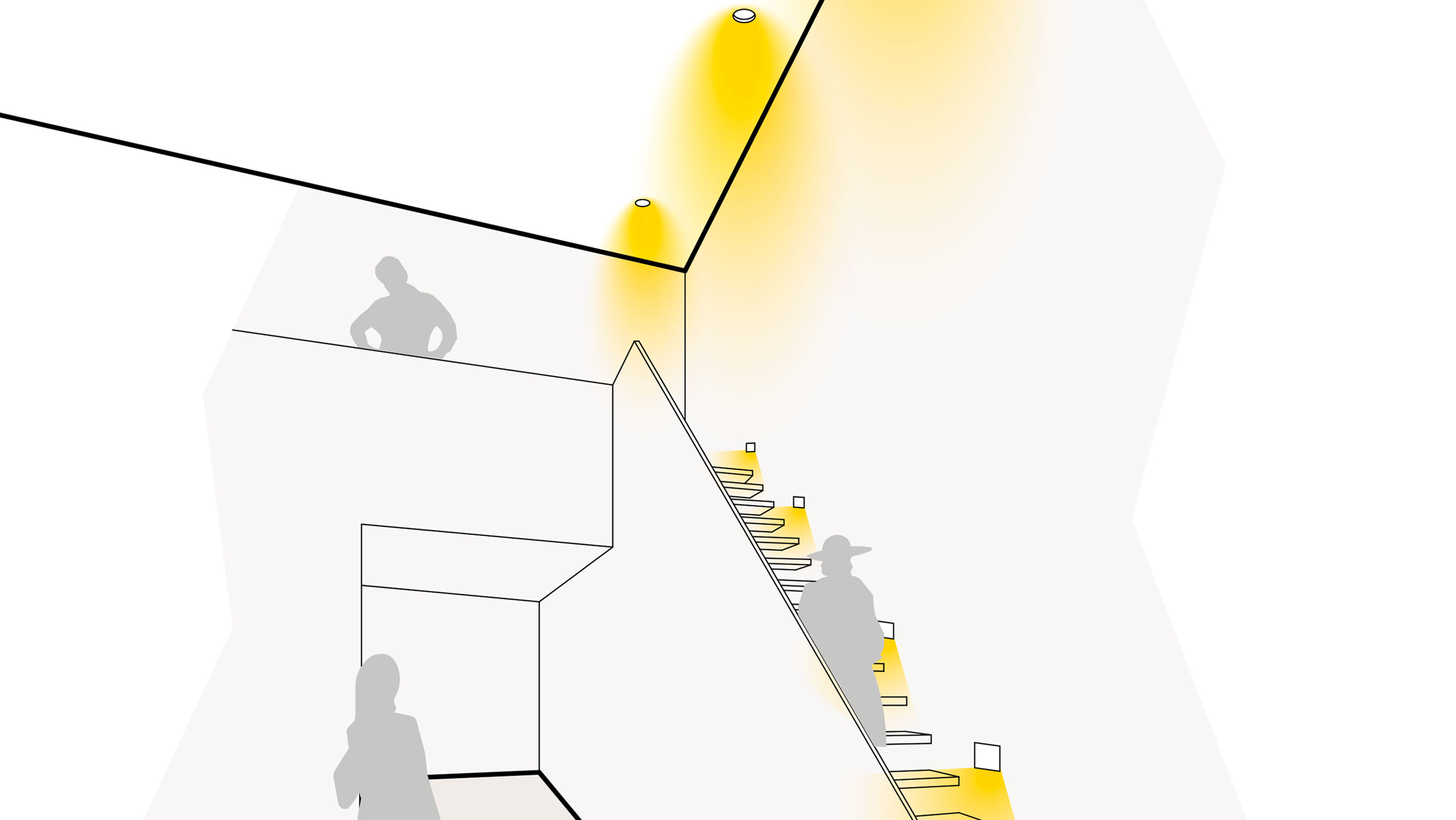 Illustration einer optimalen Lichtplanung auf der Treppe mit Deckeneinbaustrahlern und Wandleuchten