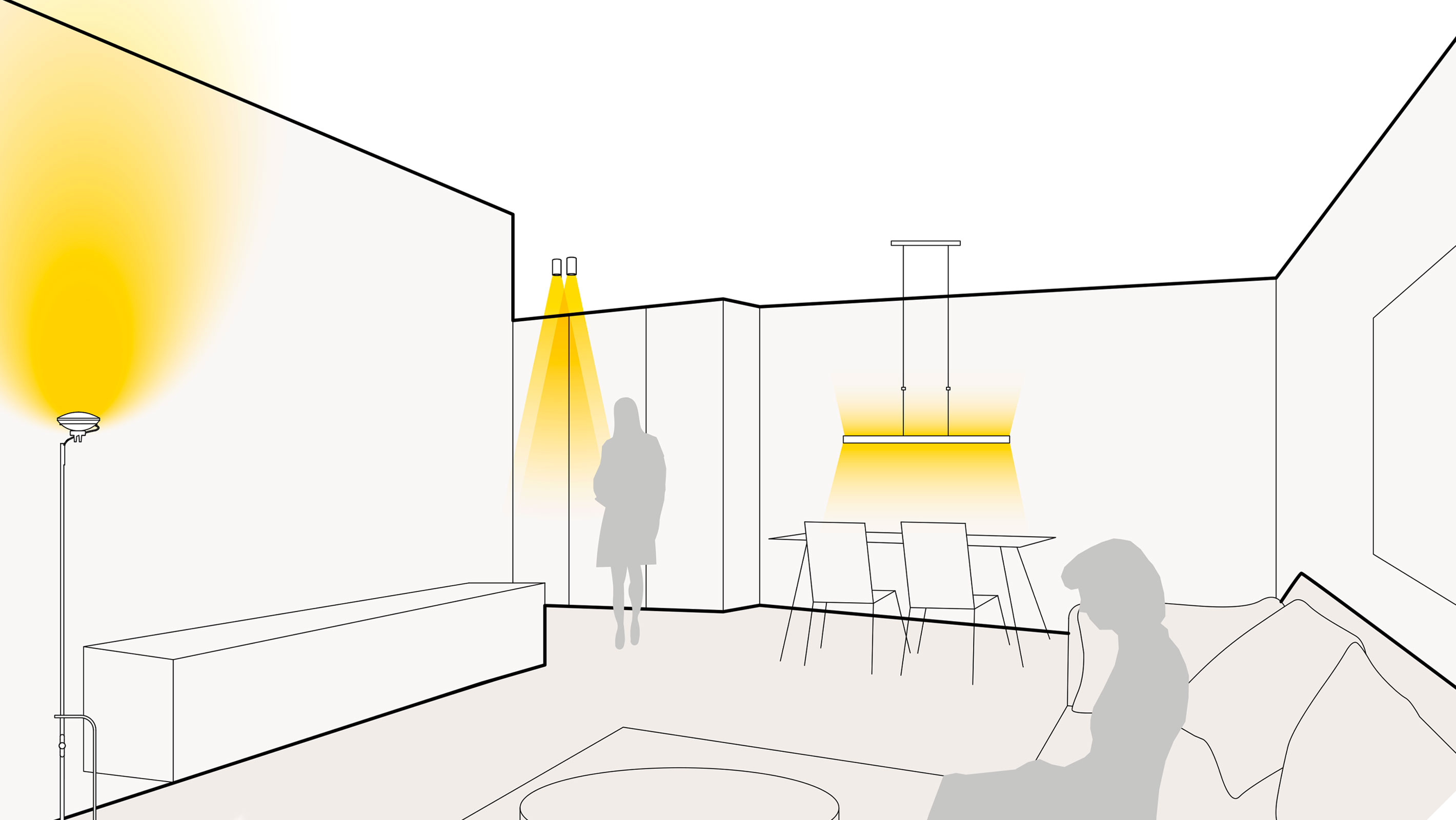Illustration einer optimalen Lichtplanung im Wohn- und Esszimmer mit Standleuchten, Aufbaudownlights und Pendelleuchten