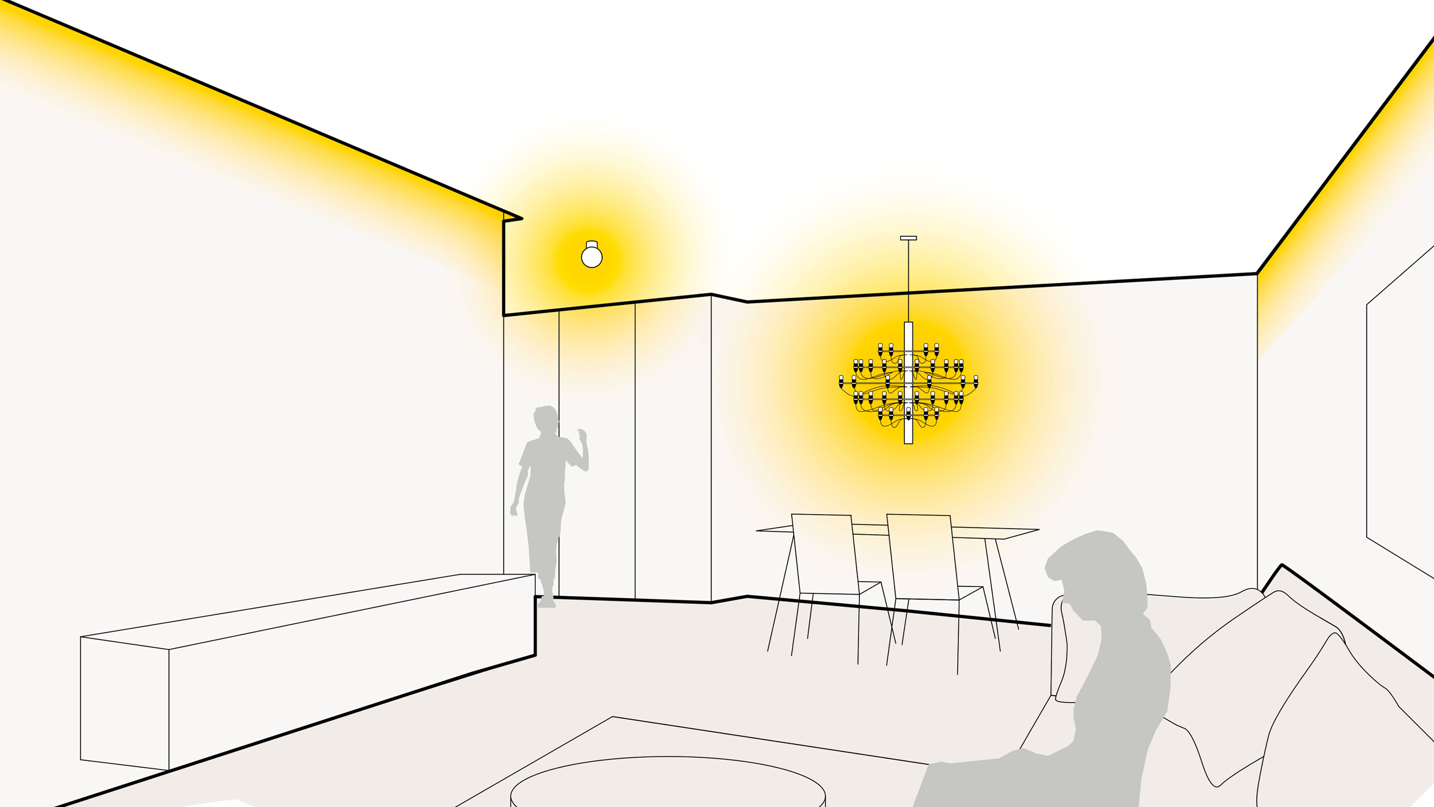 Illustration einer optimalen Lichtplanung im Wohn- und Esszimmer mit Voutenbeleuchtung, Deckenleuchten und Pendelleuchten
