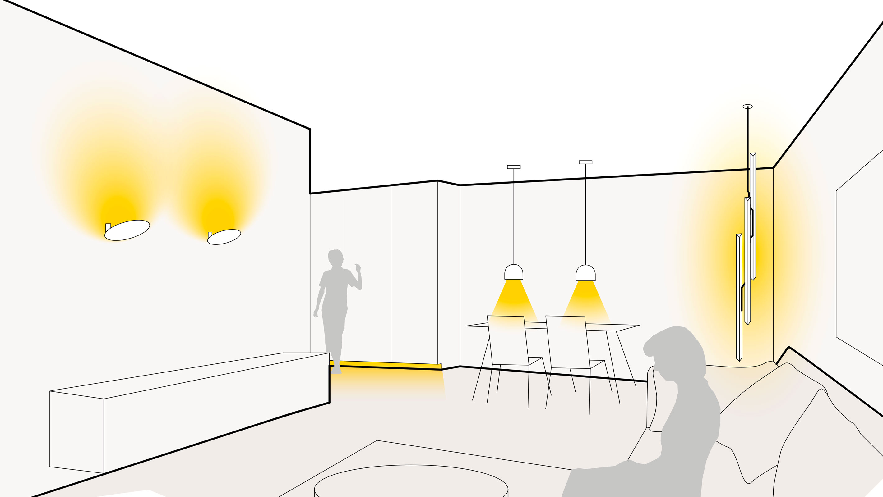 Illustration einer optimalen Lichtplanung im Wohn- und Esszimmer mit Wandleuchten, Sockelbeleuchtung, Pendelleuchten und Lichtobjekten