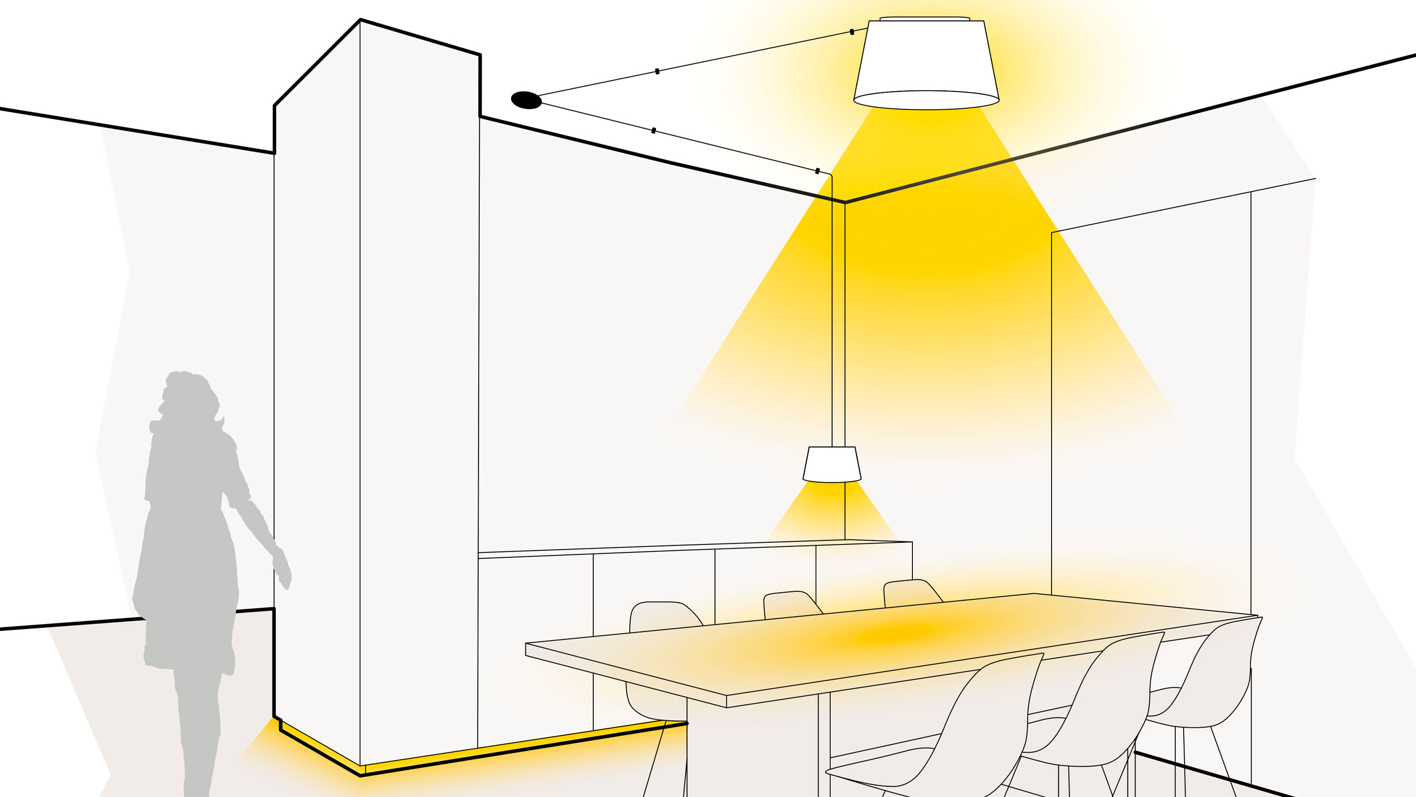 Illustration einer optimalen Lichtplanung im Wohn- und Esszimmer mit Pendel- und Deckenleuchten und Sockelbeleuchtung