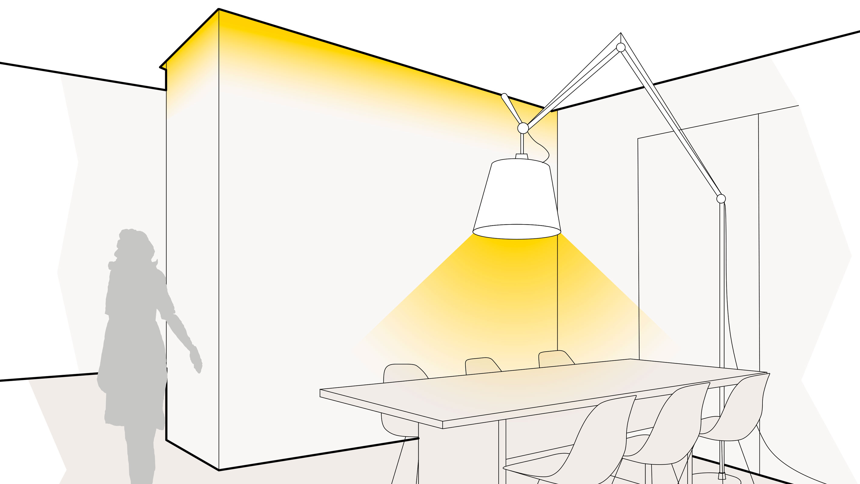 Illustration einer optimalen Lichtplanung im Wohn- und Esszimmer mit Voutenbeleuchtung und Standleuchten
