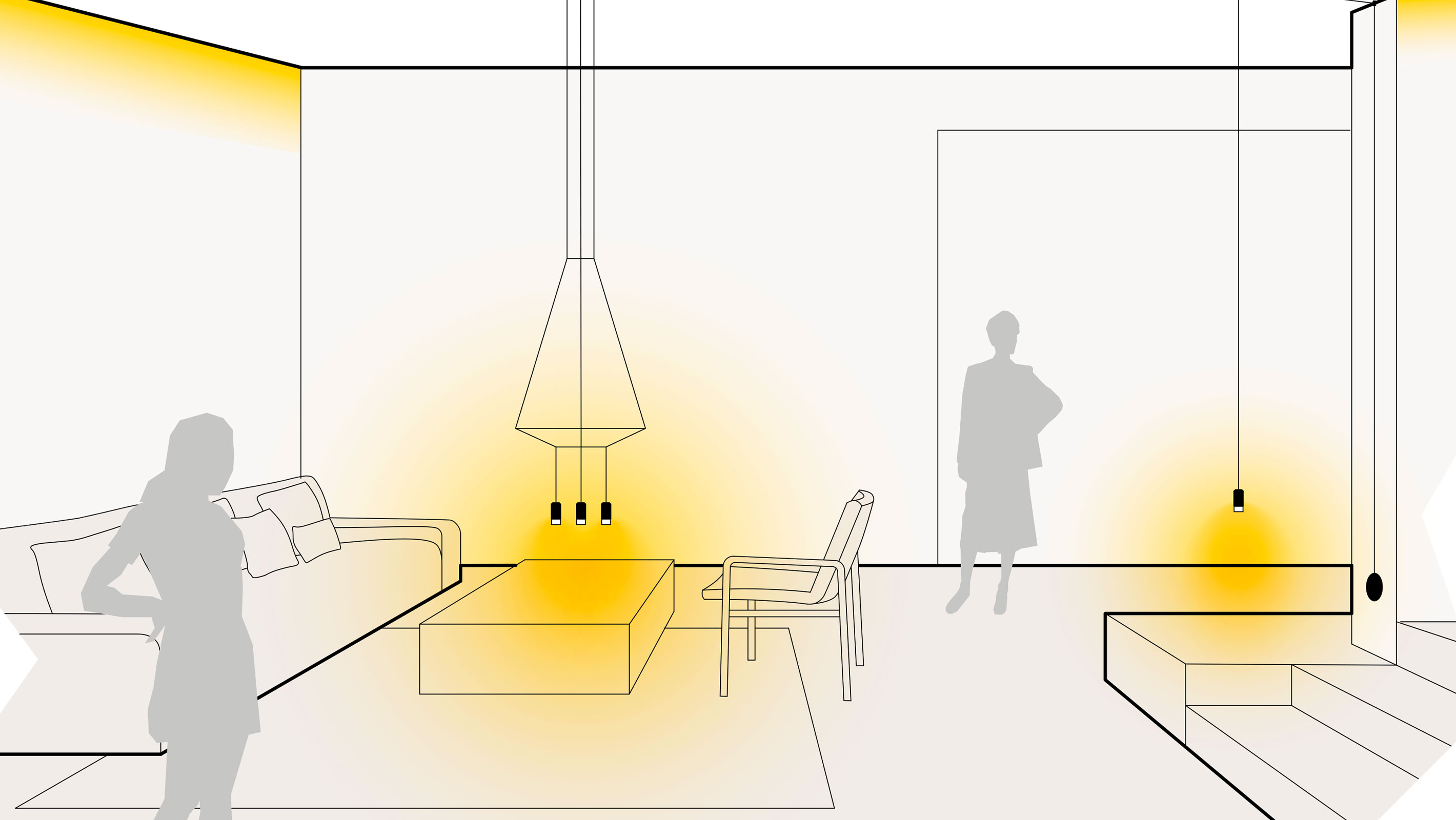 Illustration einer optimalen Lichtplanung im Wohnzimmer mit Voutenbeleuchtung, Einzelpendelleuchten und Pendelleuchten