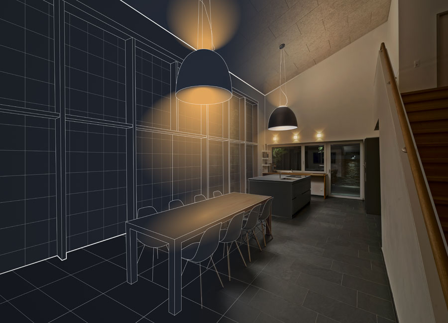 Ein Foto von einem Esszimmer mit angrenzender Küche, das von einer Blaupause (links) in eine reale Abbildung (rechts) übergeht.