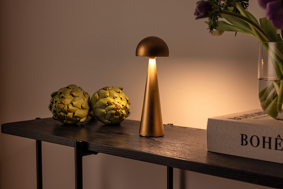 Das Bild zeigt die  p.141 Akkuleuchte in Gold von prediger.base auf einem Regal mit Dekoobjekten (Artischocken, Buch und Vase mit Blumen).