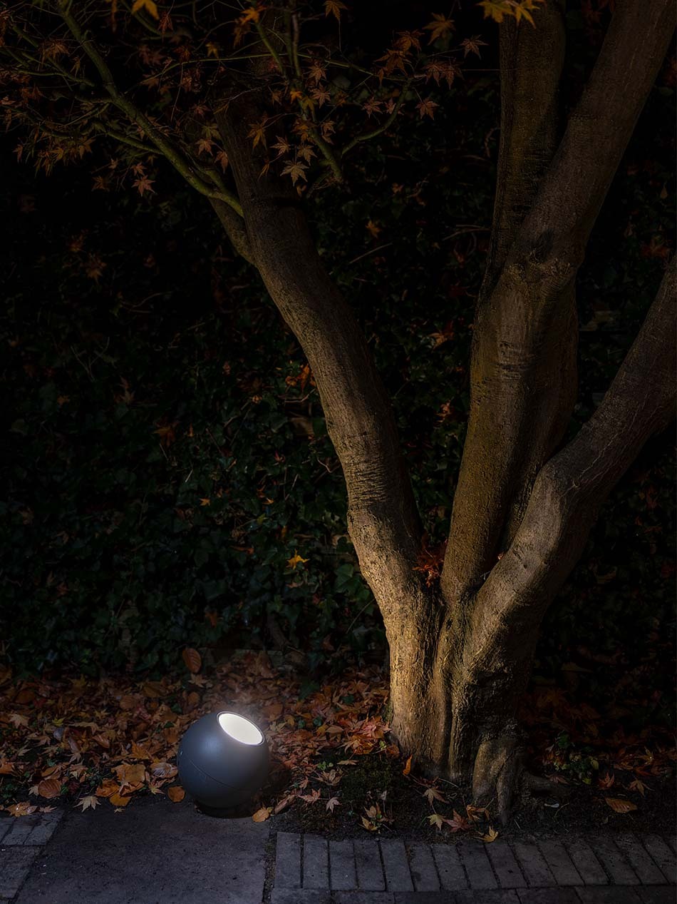 Ein Baum wird in einem Garten bei Nacht von einem p.119 Bodenstrahler von prediger.base von unten beleuchtet.