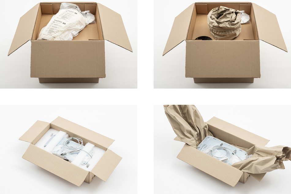 Vier Vergleichsbilder zeigen geöffnete Versandkartons mit unterschiedlichen Verpackungsmaterialien. Oben werden Kunststoff-Luftpolster einer Verpackung aus Papierpolstern gegenübergestellt. Unten sind Leuchtenkomponenten in Kartons zu sehen, die entweder mit Schaumstoffeinlagen oder mit Papierpolstern geschützt werden. Die Bildreihe verdeutlicht den Einsatz nachhaltigerer Verpackungslösungen auf Papierbasis. Bild: Artemide - © Artemide