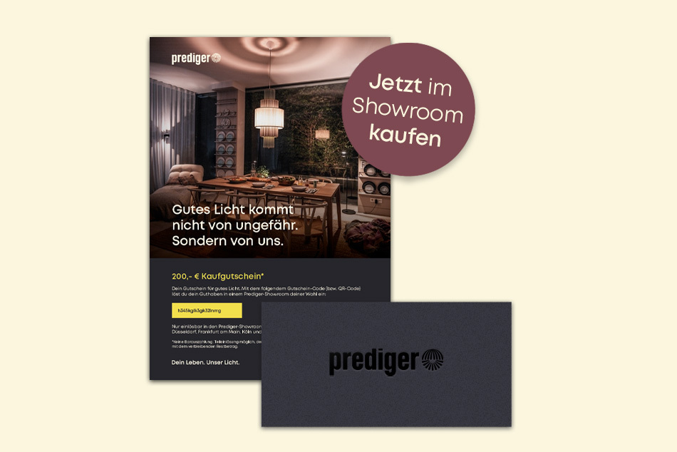 Abbildung eines Beispiel Geschenkgutscheins im Wert von 200 Euro auf einem gelben Hintergrund sowie einem roten Störer mit Schrift "Jetzt im Showroom kaufen".