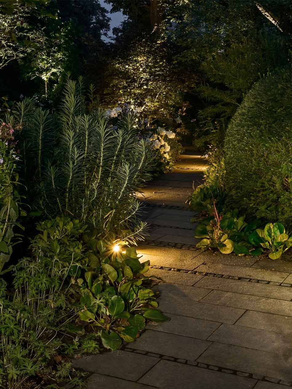 Garten mit viel Vegetation und mehreren p.119 Bodenstrahlern von prediger.base, die den gepflasterten Weg beleuchten.