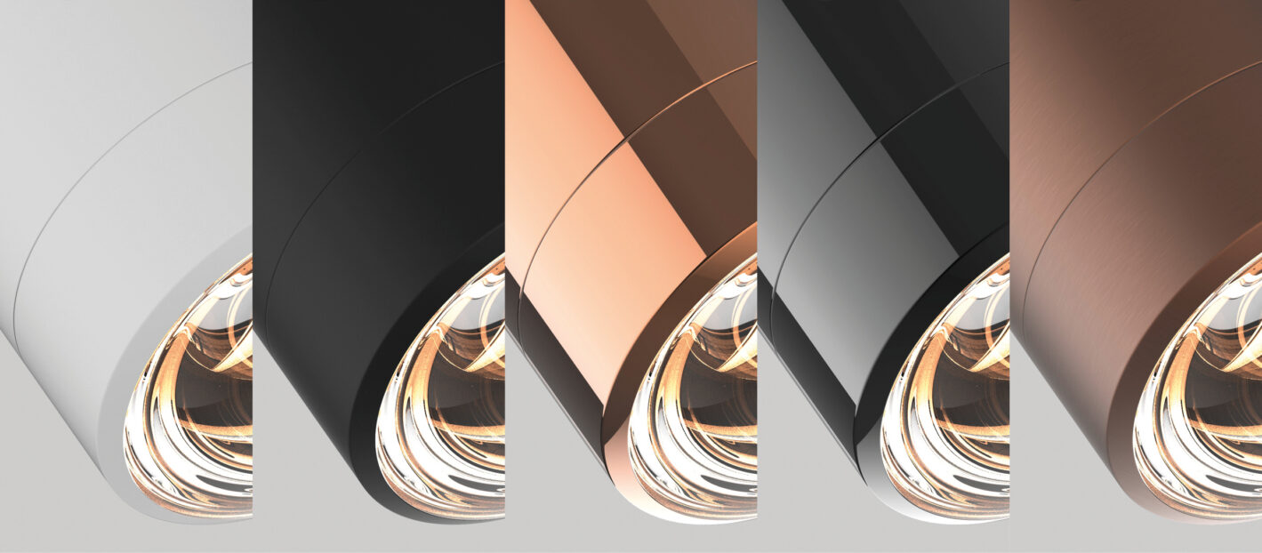 Die fünf Oberflächen (v.l.n.r.) Satin White, Stealth Black, Pure Gold, Magic Titan und Brushed Bronze, gezeigt anhand einer Leuchte der Design-Linie c.Jet.
