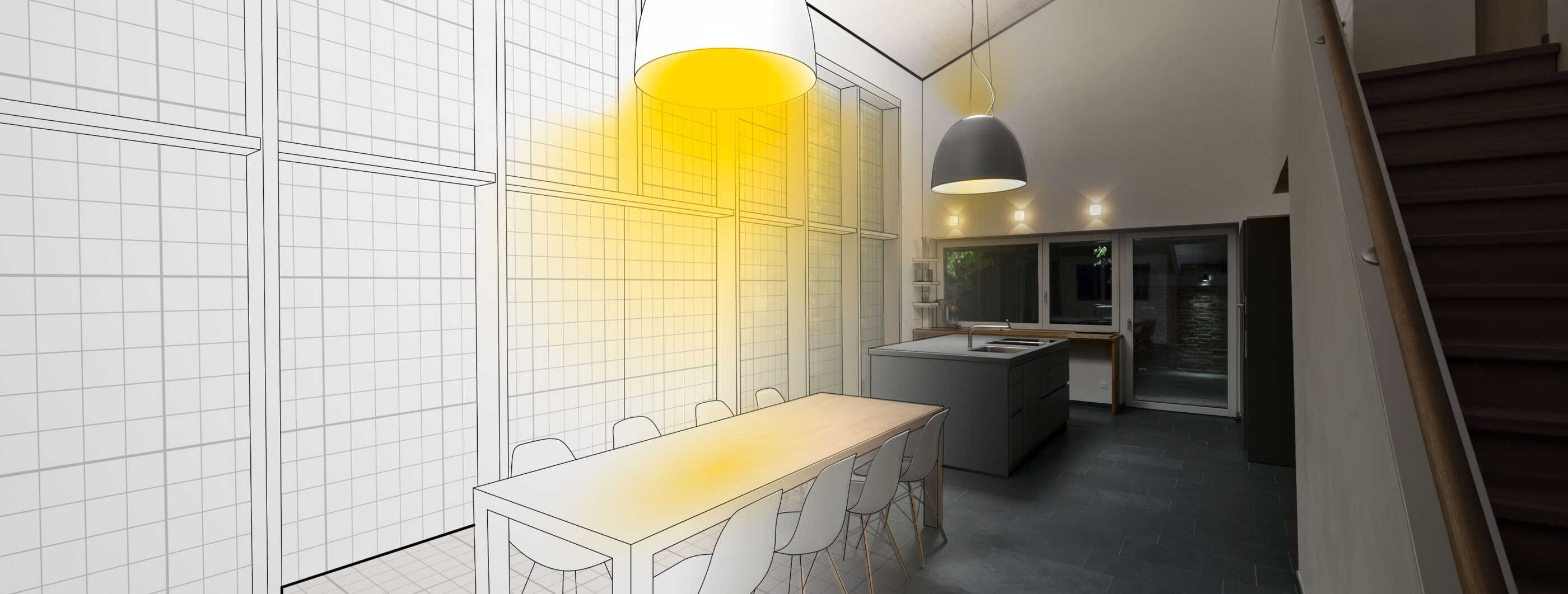 Die Vorzüge der Lichtplanung skizzenhaft dargestellt am Beispiel eines gut eingerichteten Esszimmers