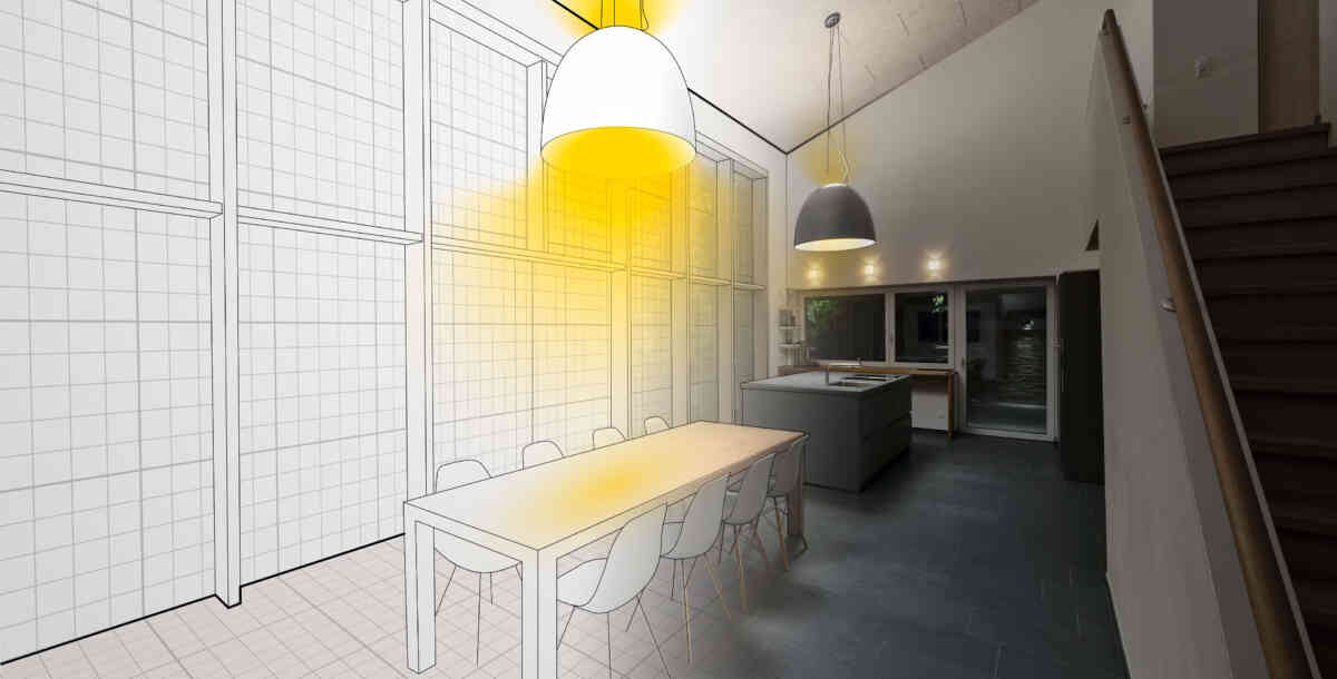 Die Vorzüge der Lichtplanung skizzenhaft dargestellt am Beispiel eines gut eingerichteten Esszimmers