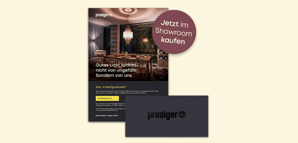 Abbildung eines Beispiel Geschenkgutscheins im Wert von 200 Euro auf einem gelben Hintergrund sowie einem roten Störer mit Schrift "Jetzt im Showroom kaufen".