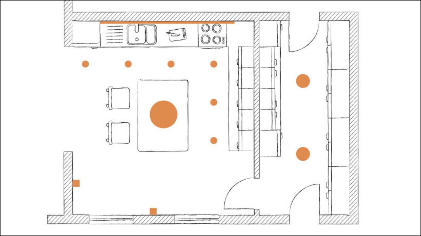 Beispielhafter Grundriss einer Lichtplanung für eine Küche und Hauswirtschaftsraum.