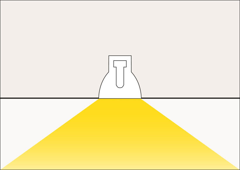 Die Illustration verdeutlicht anhand einer schematisch gezeichneten Einbauleuchte, wie Entblendung funktioniert, die gelb gefärbte Fläche symbolisiert den Lichtkegel des Downlights. (Illustration: Prediger Lichtberater)