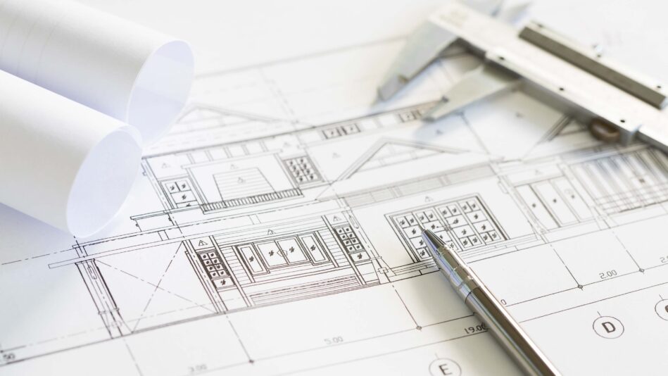 Die Architektur-Zeichnung einer Fassade, auf der Zeichnung liegen ein zusammengerolltes Blatt Papier, ein Messschieber und ein Stift.