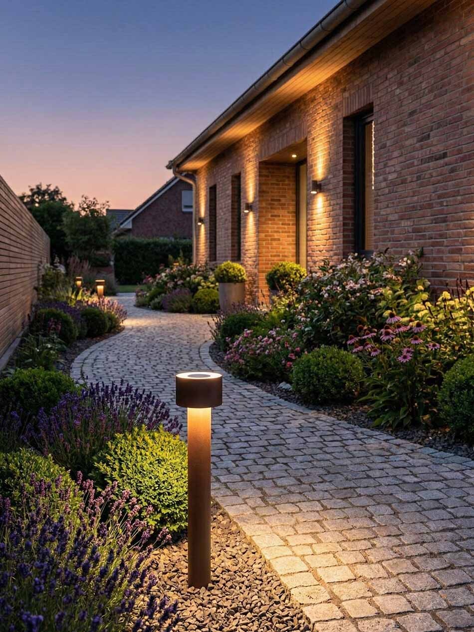 Moderne Pollerleuchte p.147 von prediger.base entlang eines geschwungenen Pflasterwegs im Garten bei Abenddämmerung. Die schlanke LED-Außenleuchte mit abgeblendeter Lichtabgabe erzeugt warmes Licht zwischen Lavendel, Sträuchern und moderner Backsteinarchitektur.