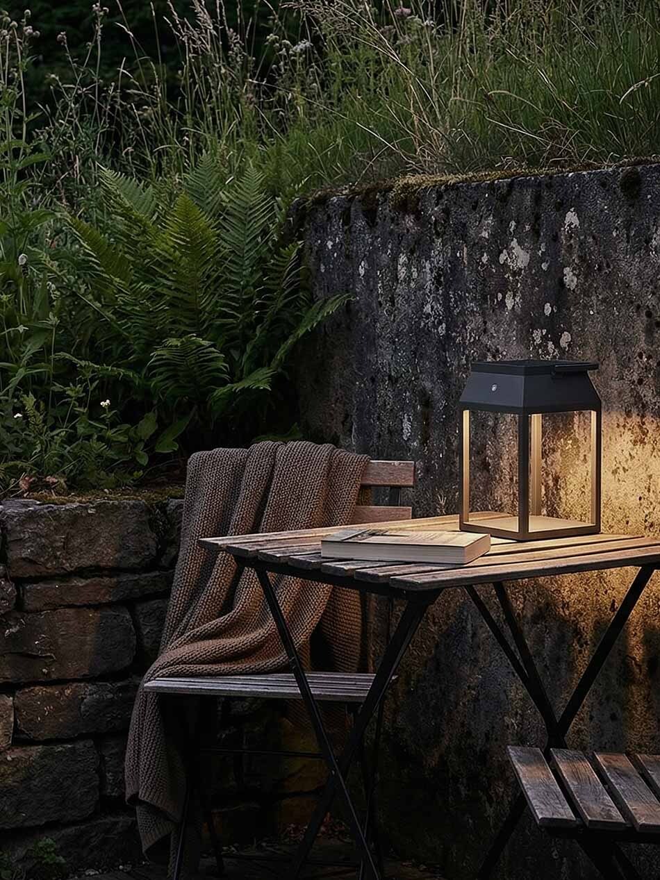 Kleiner Gartentisch aus Holz mit einer warm leuchtenden Akkuleuchte p.089 von prediger.base. Im Hintergrund sind eine Natursteinmauer, hohe Gräser und ein Stuhl mit Decke zu sehen.
