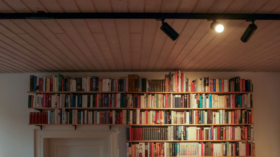 Eine Schiene mit drei Schienenstrahlern beleuchtet unter anderem ein Bücherregal in einem Wohnzimmer.